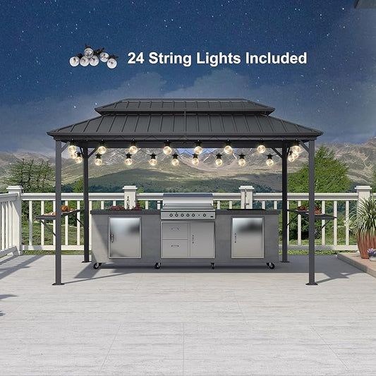 PURPLE LEAF 6.5' X 12' Hardtop Grill Gazebo for Patio Aluminum Barbeque Canopy with 24 Clear Light Bulbs and Shelves Double Tiered Grey Outdoor BBQ Gazebo