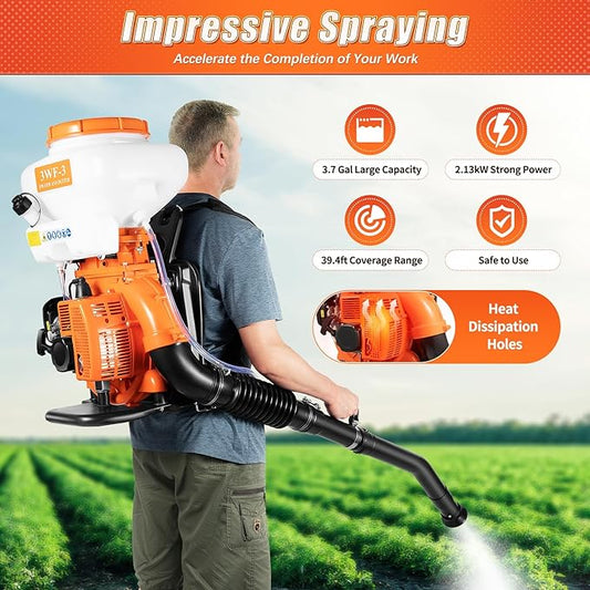 3.7gal Gas Powered Backpack Sprayer, 2-Stroke Backpack Fogger Agricultural, Fogger Sprayer Blower for Load Pesticides, Disinfectants, Waterproof Base Oil, Fertilizer, Etc
