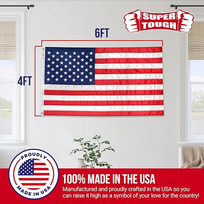 Super Tough 4Ft x 6Ft American Flag - Heavy Duty Nylon USA Flag with Embroidered Stars and Sewn Stripes Suitable for Outdoors - Red/White/Blue