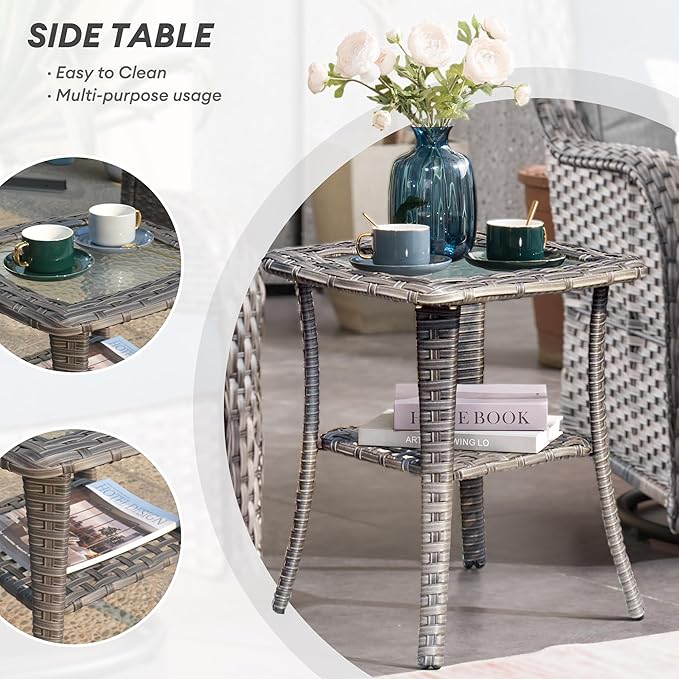 HOOOWOOO Patio Outdoor Furniture with Large Fire Pit Table,High Back 6 Piece Wicker Patio Conversation Set with Swivel Chairs,7 Person Couch Sofa Seating,Light Gray