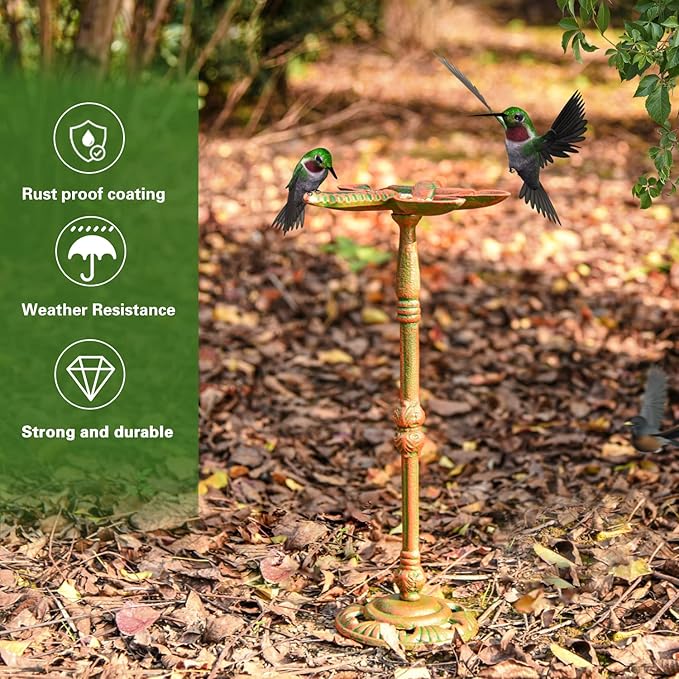 Sungmor Heavy Duty Cast Iron Small Bird Bath for Garden - Wild Bird Water Bath Food Holder - Outdoor Yard Standing Feeder with Vintage Special Color & Lovely Dragonfly Shape - Great Garden Ornament