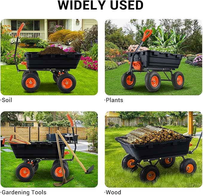 800 Lbs Garden Dump Carts, Heavy Duty Yard Cart, 4 Wheel Wheelbarrow with 10in Tires, Steel Frame and Quick Release System for Plants, Soil, Sand, in Courtyard, Beach, Farm(Black)
