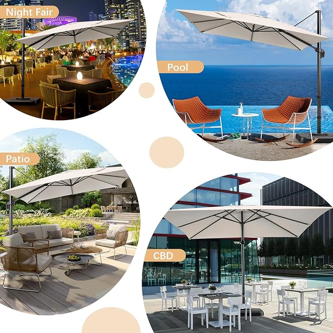Hotime 10ft Patio Umbrella Outdoor Patio Windproof and Height adjustable, Heavy Duty Aluminum Square Offset Patio Umbrella Cantilever Pool Umbrella with 360°Rotation for Garden Deck Pool, Beige