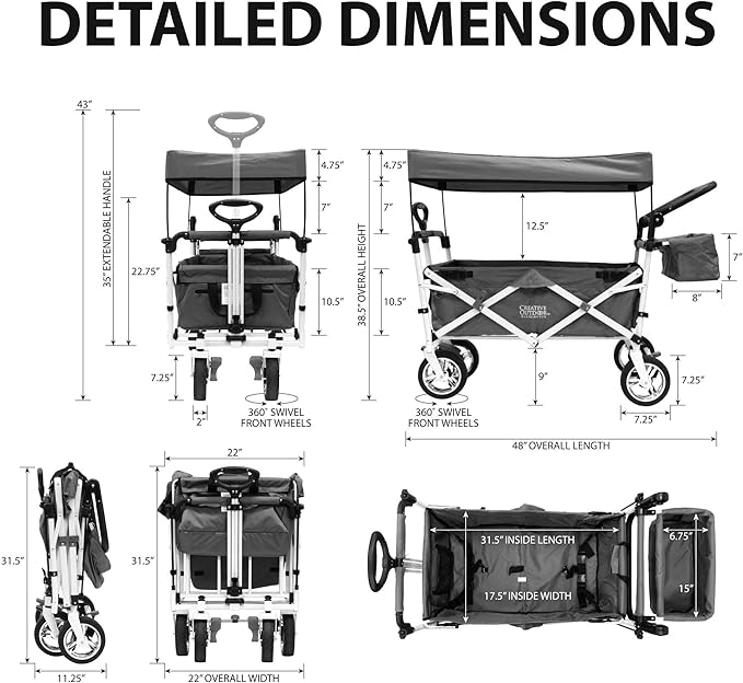 Creative Outdoor Wagon for Kids Push Pull Collapsible Stroller with Canopy Folding Cart | Titanium Series Plus | Beach, Park, Garden (Black & Grey)