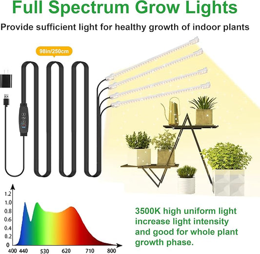 13 Inches Plant Growing lamp Strips, Full Spectrum LED 3500K Grow Light for Indoor Plants with 3/9/12H Timer and 10 Dimmable Levels for Green House Hydroponics Succulent and Shelf,4 Head 2 Pack