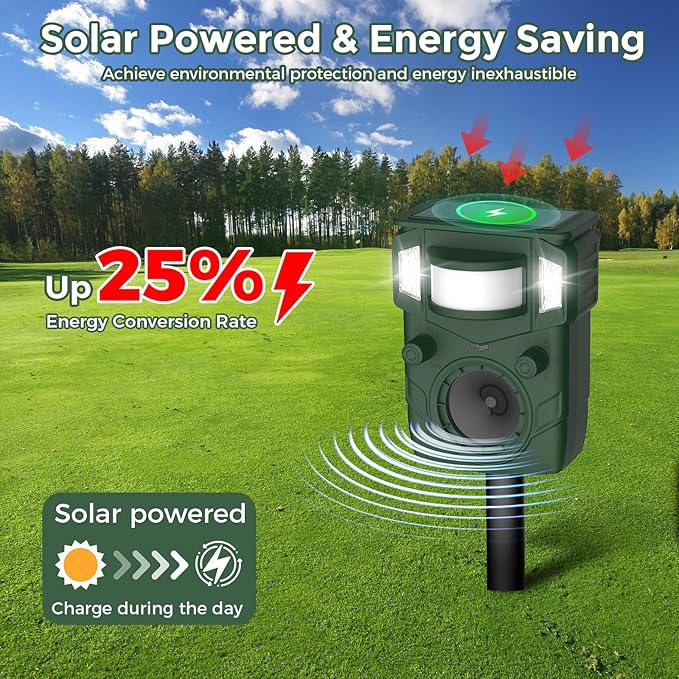 2025 Upgraded Solar Ultrasonic Animal Repellent Outdoor – Motion Activated Deer, Squirrel, Cat, Raccoon, Dog & Bird Ultrasonic Sweep for Yard, Garden, Farm, 2PC