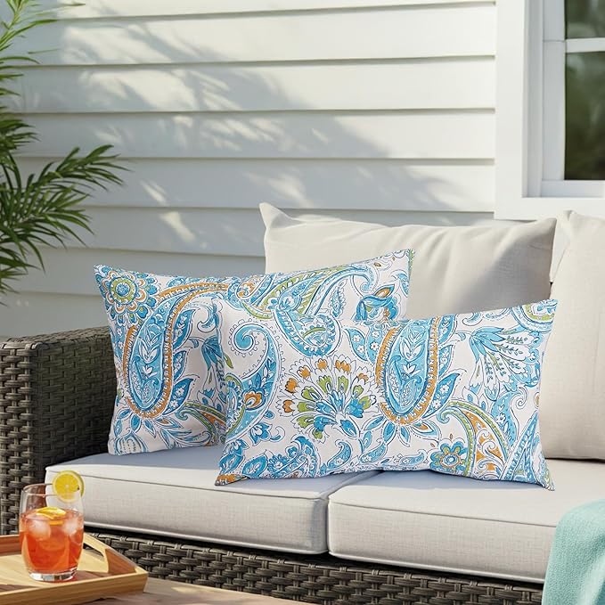 Outdoor Lumbar Pillows Waterproof Covers 2 Pack 12ร20 Inch, Decorative Toss Pillows Covers, Rain-Proof, Fade Resistant for Patio Furniture, Sofa, Couch, Garden