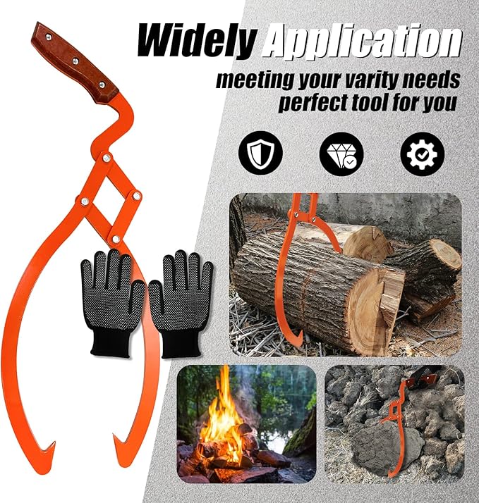 Log Grabber 20", 440LBS Logging Tongs with Gloves Handle Non-Slip Grip Hook, 2 Claw Skidding Tongs, Handling, Grapple Lifting, Dragging Carrying Tool