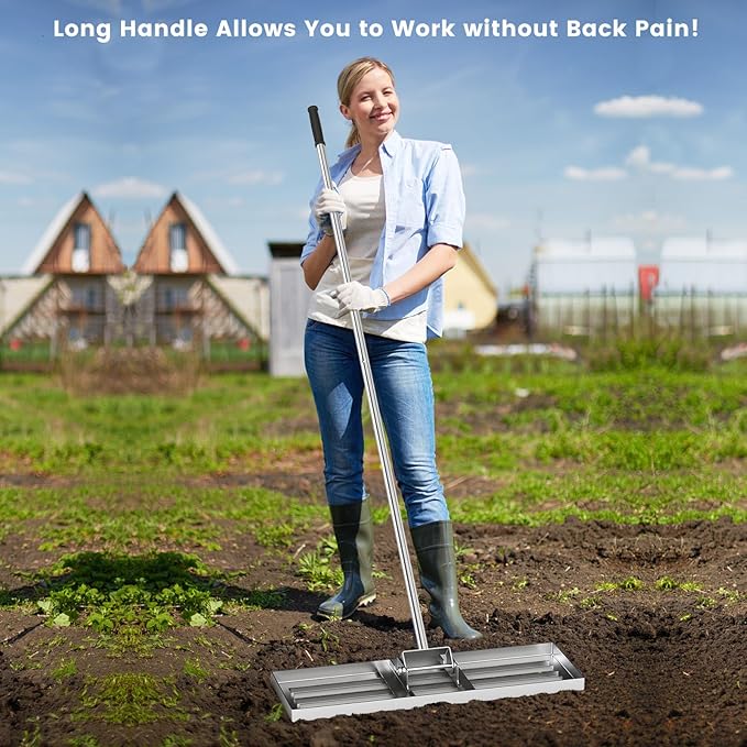 Goplus Lawn Leveling Rake, 30" x 10" Heavy Duty Level Lawn Tool w/ Ergonomic Handle for Soil, Effort-Saving Landscape Rake for Garden, Backyard, Golf Course, Farm, Pasture, Silver