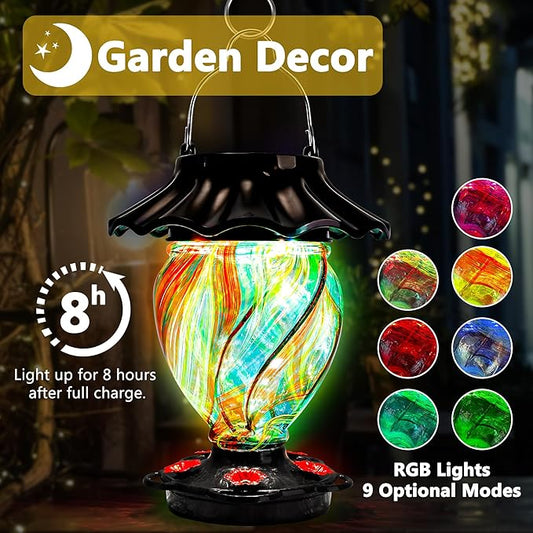 LUJII Solar Powered Color Changing Hummingbird Feeder for Outdoors Hanging, Hand Blown Glass, 35 fl.oz, Leakproof, Illuminated Lantern for Garden Decor, Gift for Bird Lover, 5 Metal Perches, Ribbon