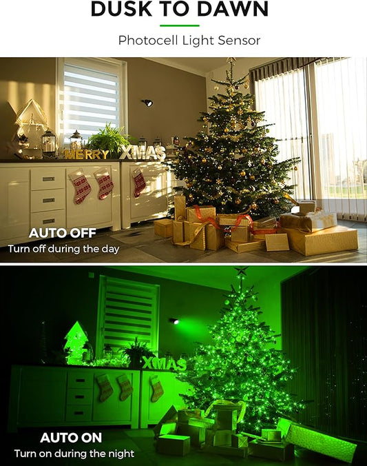 L LOHAS LED Green Spotlight Outdoor, Christmas Green Spot Lights for Yard, Auto On/Off 5W 120V Landscape Lighting for House, Holiday, Trees, Decoration, 450LM IP66 Waterproof, UL Listed, 2 Pack
