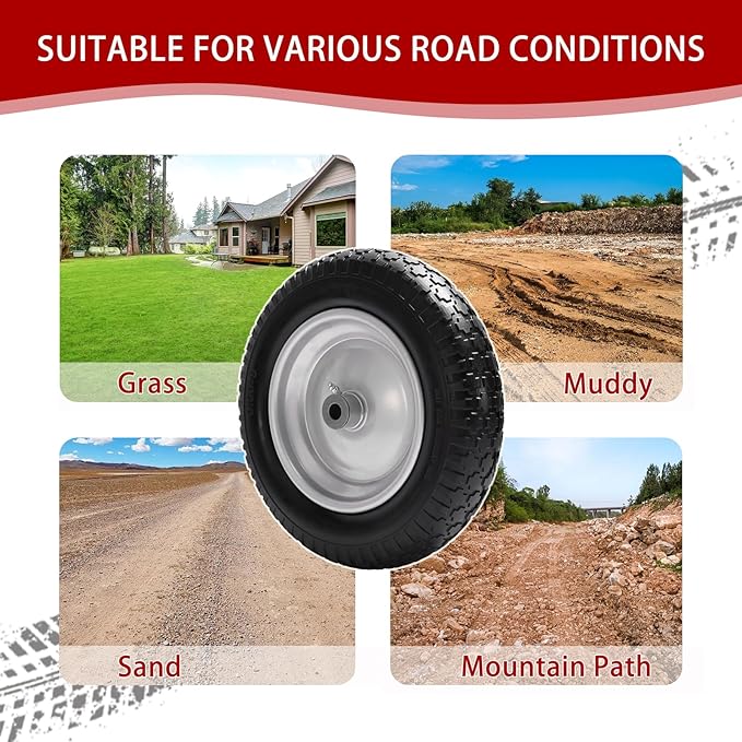 14.5" Wheelbarrow Tire, 3.50-8" Flat-free Solid Tire and Wheel with 3" -7" Centered Hub and 5/8" & 3/4"Bearings for Wheelbarrow Trolley Dolly Lawn Mover Go Kart Replacement (2-Pack)