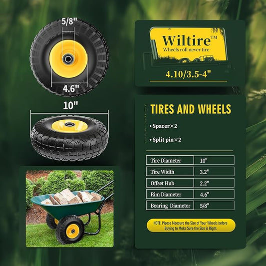 (2 Pack) 4.10/3.50-4 Flat Free Tire and Wheel 10-Inch Solid Wheel Replacement with 5/8 Bearings,2.2" Offset Hub -Compatible with Hand Truck,Wheelbarrow(Yellow)