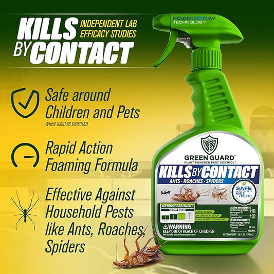 Green Guard Pest Control Spray - Indoor & Outdoor Killer of Ants, Roaches, Spiders & Other Crawling Insects, Safe Around Children & Pets, Plant-Based, Pleasant Scent (Lemongrass Blast, 16oz)