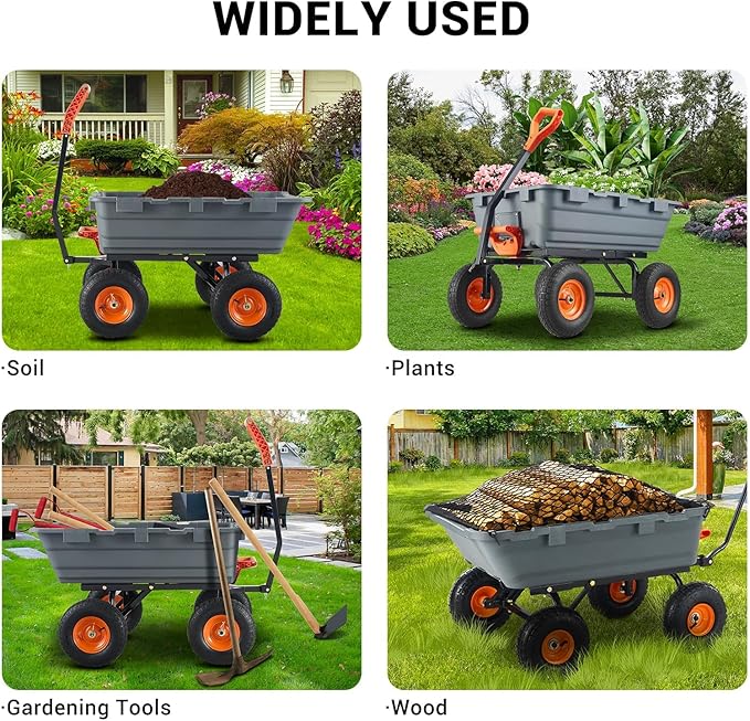 800Lb Heavy-Duty Poly Dump Garden Cart with Steel Frame, Utility Wagon with 10" Tires & Quick-Tilt System for Yard, Beach & Landscaping, Grey
