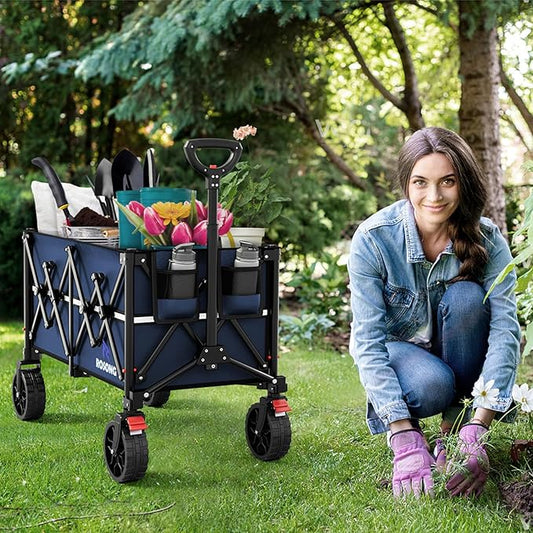 Collapsible Wagon Cart with Wheels Foldable - Folding Utility Heavy Duty Wagons Carts for Grocery Sports Garden Shopping Camping Wheelbarrows (Navy Blue, 150L)