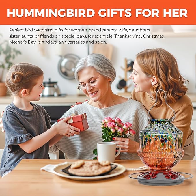 Blown Glass Hummingbird Feeders for Outdoors, 25 Ounces Wild Bird Nectar Feeder with Perch & 5 Flower Feeding Ports Leak Proof Hanging for Garden Backyard Decor, Gifts for Women Mom, Orange