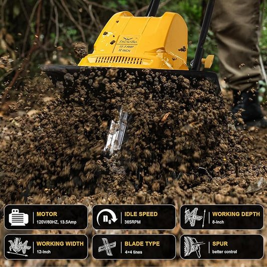 Electric Tiller/Cultivator 4 Steel Tines, 8'' Tilling Depth Garden Roto Tillers for Gardening, 13.5 Amp 12 Inch Corded Rototiller with Adjustable Wheels, Yellow