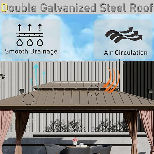 10'x14' Hardtop Gazebo, Outdoor Aluminum Frame Galvanized Steel Double Roof Pavilion with Netting and Shaded Curtains, Permanent Metal Pergolas for Patio, Backyard, Deck and Lawns.