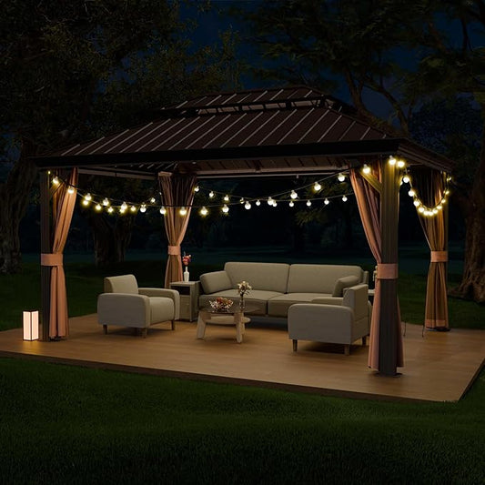 10'x12' Hardtop Gazebo, Outdoor Aluminum Frame Galvanized Steel Double Roof Pavilion with Netting and Shaded Curtains, Permanent Metal Pergolas for Patio, Backyard, Deck and Lawns.
