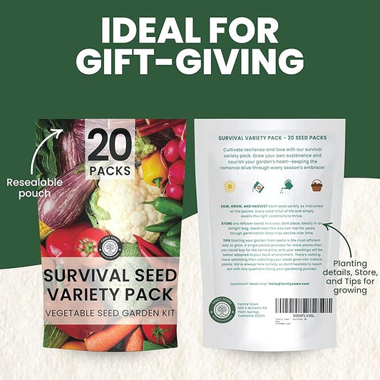20 Vegetable Seed Packets | Survival Variety Pack | 2025 Season | Individually Packed Vegetables, Herbs and Fruits | Emergency Seed Vault for Doomsday Prepping | by Family Sown