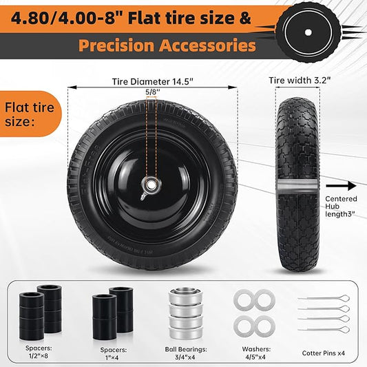 2PC 14.5" Wheelbarrow Tires, 4.80/4.00-8" Flat-Free Tire and Wheel, 5/8" Bearings, Extra 3/4" Bearing, Adjustable Center Hub for 3 to 7", Fits 4.80-8, 4.00-6, 3.50/2.50-8 Wheels, Maximum Load 300 lbs.
