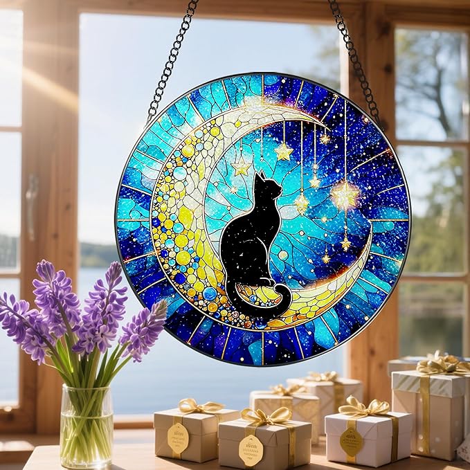 8 Inch Stained Glass Suncatcher Ornament, DOUHASU Black Cat Sun Catchers Indoor Window, Stained Glass Window Hanging, Indoor Decor, Home Decor Gift, Gifts for Cat Lovers, Pet Lover Gift