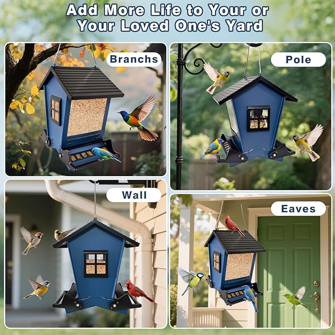 Squirrel Proof Bird Feeders for Outdoors Hanging, 5LB Capacity Metal Wild Birdfeeders Outside Hanging, Cardinal Bird Feeder Squirrel Proof as Various Finch Feeders for Outside (Blue)