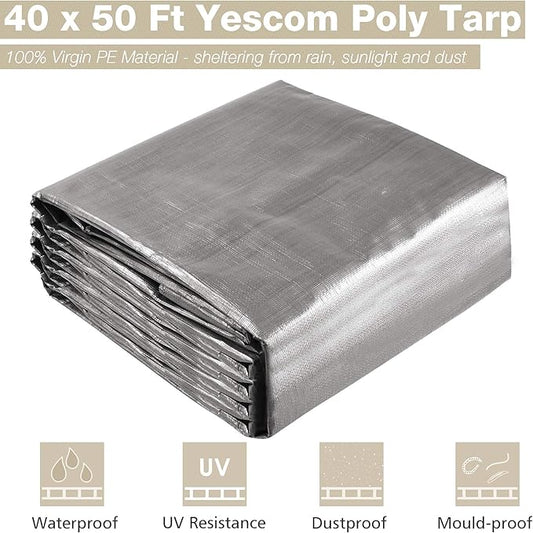 Yescom 40x50ft Heavy Duty Reinforced Poly Tarp Waterproof Tarpaulin 10-mil Ground Sheet Camping Tent Cover with Eyelets Reversible Silver Black Tarps