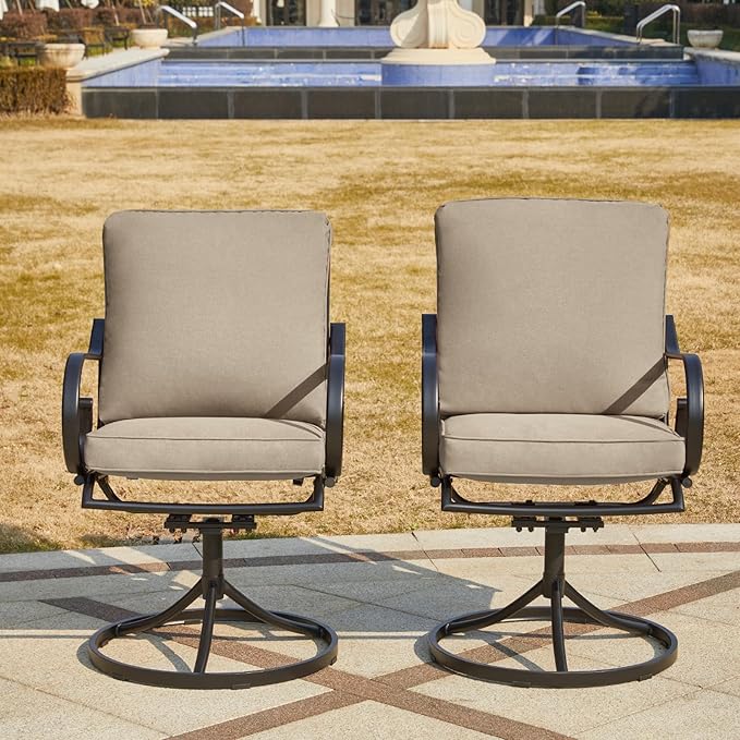 MELLCOM Patio Swivel Chair Set of 8, Heavy Duty Outdoor Dining Chairs with Thickened Cushions, Metal Patio Chairs Gentle Rocker for Outside, Garden Lawn & Porch, Backyard, Khaki