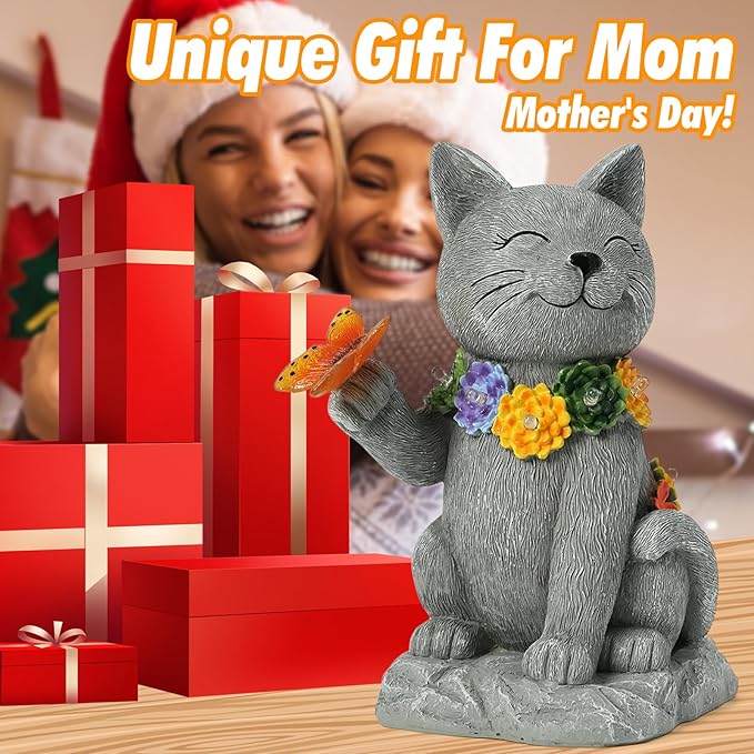 Outdoor Solar Cat Garden Statue - with LED Flowers and Butterfly Yard Art, Suitable for Lawn Decoration, Porch,Yard Decorations Outdoor, Birthday Gift for Mother, Grandmother, or Women