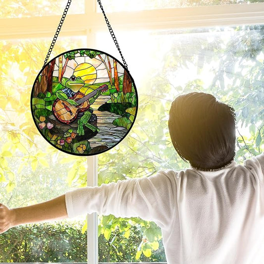 Stained Glass Window Hanging, Frog Playing Guitar Suncatcher Diamond Glass Panel Funny Sun Catchers Decor for Birthday for Women, Men, Wife, Aunt, and Mom 6.3 in