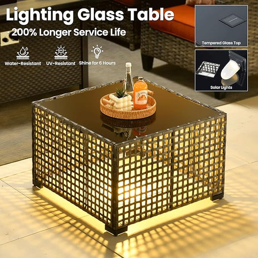 ovios 7 Pieces Patio Furniture Set with 42" Fire Pit Table, Outdoor Sofa Couch with Solar Lights Table Comfy Cushions, Modern Deep Seat Wicker Rattan Conversation Set, Orange Red