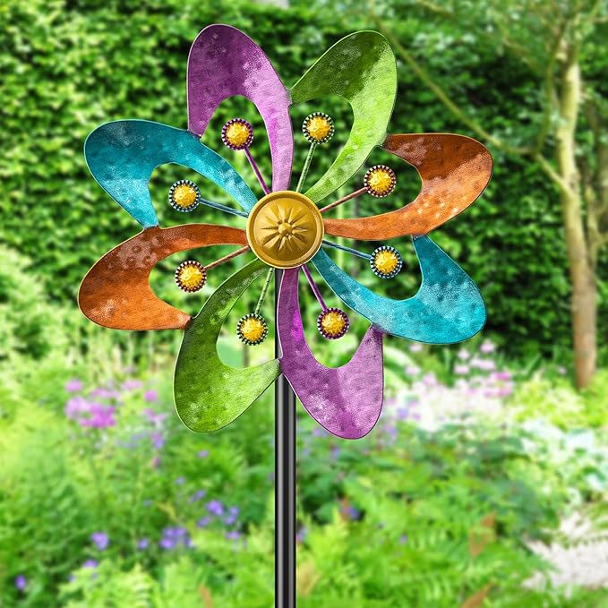Metal Wind Spinners Outdoor, 360° Wind Sculpture Spinner with Metal Stake, Waterproof Spinners Green Kinetic Wind Spinner for Yard Lawn Decor (A- Colourful 2PC)