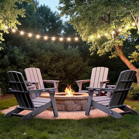 Folding Adirondack Chair Wood Texture 2 Pack, HDPE All-Weather Fire Pit Chairs, Plastic Adirondack Chairs with 2 Cup Holder, Outdoor Lawn Chair for Patio Garden (Grey)