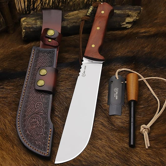 BA-KOR USA 8mmDC53 steel 35CM (14 ") full Tang fixed knife with leather sheath and (5.9 ") ceria ignition head, suitable for outdoor hunting, camping, clearing, adventure, fishing, EDC, BBQ (BA-K0a(8mm))