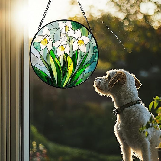 Stained Glass Window Hanging - White Snow Lotus Birth Flower Suncatcher for Doors Garden Patio Sun Catchers Decor Christmas Mother's Day Birthday Gifts for Women Men Mom Nana Friend 15 in