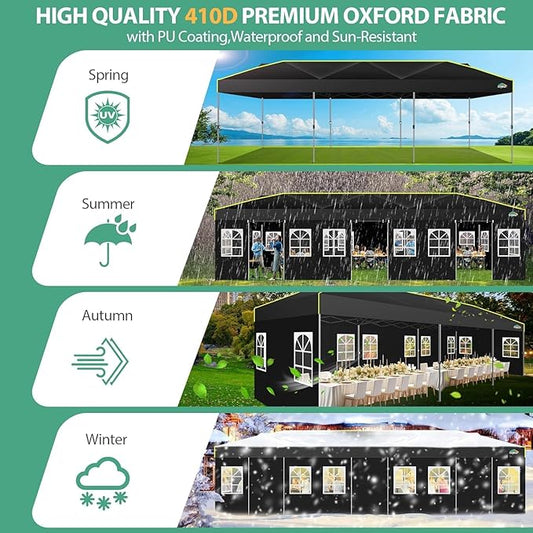 COBIZI 10x30 Pop Up Canopy Tent with Sidewalls - Party Outdoor Wedding Event for Parties - UPF 50+ Windproof Waterproof Gazebo with Air Vent, Wheeled Bag, Sandbag, Stake, Rope (Black)