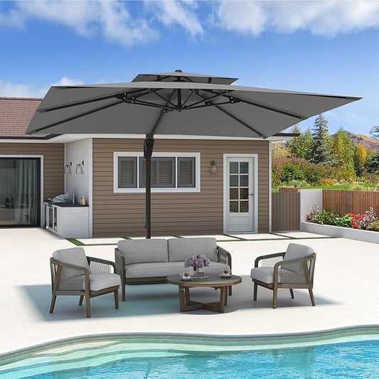 10x13 FT Cantilever Patio Umbrella Double Top Outdoor Rectangular Large Heavy Duty Aluminum Offset Umbrellas with 7 Level Tilt 360-degree Rotation for Pool Garden Deck, Grey