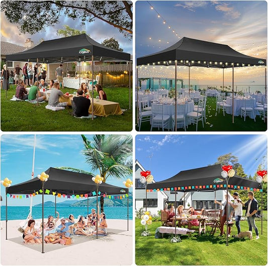 COBIZI 10x20 Pop Up Heavy Duty Canopy with 6 Sidewalls and Hexagonal Legs, Easy up Tent for Parties, Commercial and Wedding, Outdoor Canopy with Roller Bag, Sand Bags, Waterproof & UPF50+ (Black)