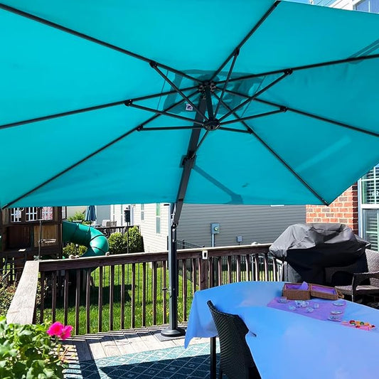 PURPLE LEAF 10 FT Square Patio Umbrella with Base Large Outdoor Aluminum Offset Cantilever Umbrella with 360-degree Rotation for Garden Deck Backyard Pool Turquiose
