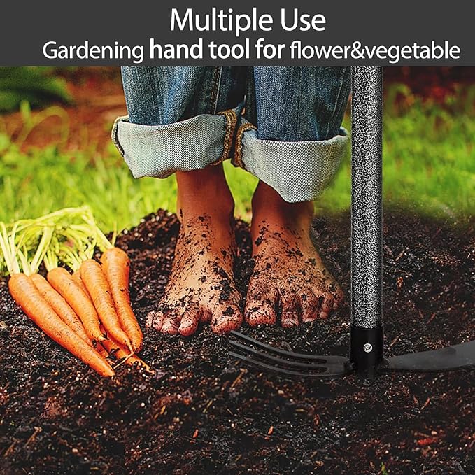Hoe and Cultivator Gardening Hand Tools, Heavy Duty Stainless Steel Garden Hoe and 3 Fork Hand Tiller for Gardening Weeding Planting with Adjustable Handle 30-45 inch