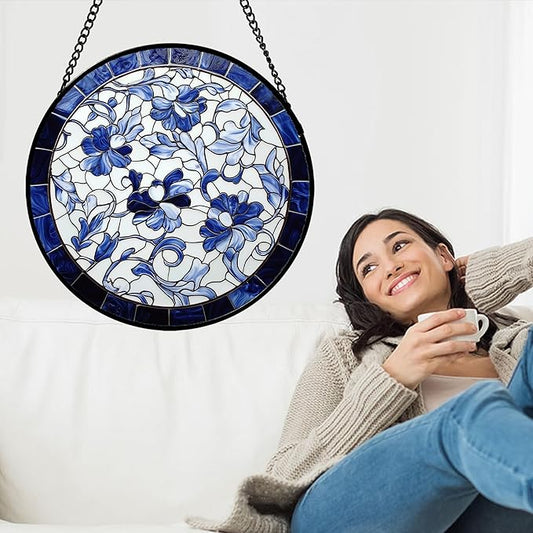Stained Glass Window Hanging, Blue and White Abstract Flowers Sun Catcher for Door Home Decor Suncatcher Christmas Mother's Day Birthday Gifts for Women Men Mom and Nana 15 in