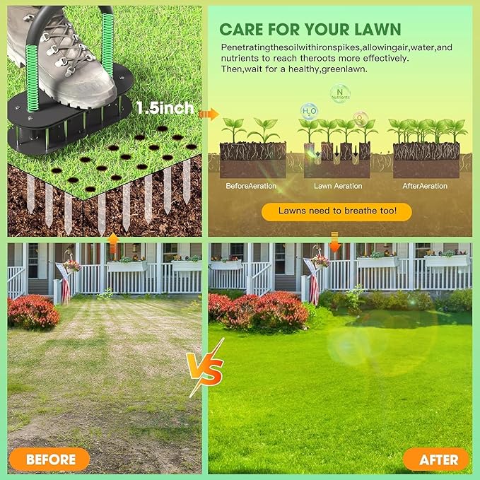 Lawn Aerator Spikes Aerating Tool, Manual Aeration Tools with Padded T-Handle, Wide Foot Plate, 15 3 Inch Solid Steel Spikes, Yard Aerators for Lawn Yard & Garden