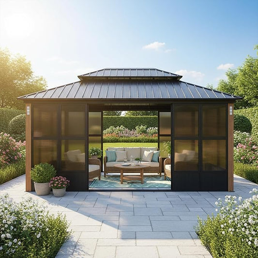 PURPLE LEAF 12' X 16' Sunroom Patio Hardtop Gazebo Double Top Galvanized Steel Screen House Aluminum Sun Room Outdoor Solarium for Garden Backyard