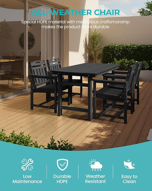 HDPE Outdoor Patio Dining Set with Table & 4 Chairs, All-Weather 5-Piece Outdoor Table and Chairs, 2" Umbrella Hole, Patio Furniture for Garden, Backyard, Deck | Matte Black