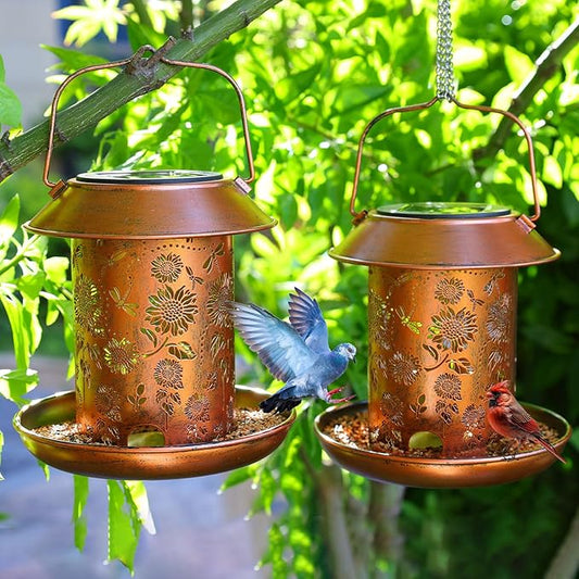 2pack Solar Bird Feeders Outdoors Hanging Metal Bird Feeder Chewproof Waterproof Dragonfly Lantern Decorative Garden, Patio, Landscape, Gifts for Women Birds Lovers