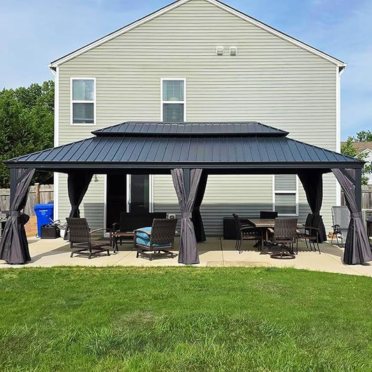 PURPLE LEAF 14' X 24' Outdoor Hardtop Gazebo Aluminum Pavilion with Galvanized Steel Double Roof for Garden Patio Lawns Permanent Gazebo with Curtains and Nettings Grey