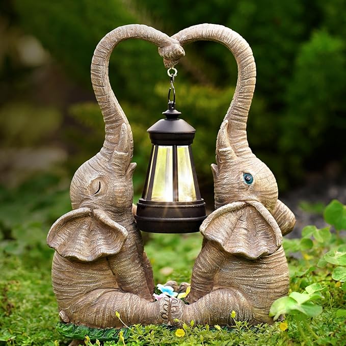 Elephant Statue Garden Decor with LED Solar Lights-Set of 2 Good Luck Elephant Outdoor Statue Christmas Decorations for Yard Patio,Porch,Home -Mothers Day Gifts for Women, Mom, Grandma