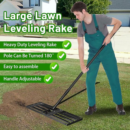 Lawn Leveling Rake 34"x9.5",Lawn Leveling Tool with 68" Long Adjustable Stainless Steel Handle for Leveling Soil,Grass,Sand or Dirt,Heavy Duty Lawn Leveler for Backyard,Garden,Golf Course,Farm,Pasture